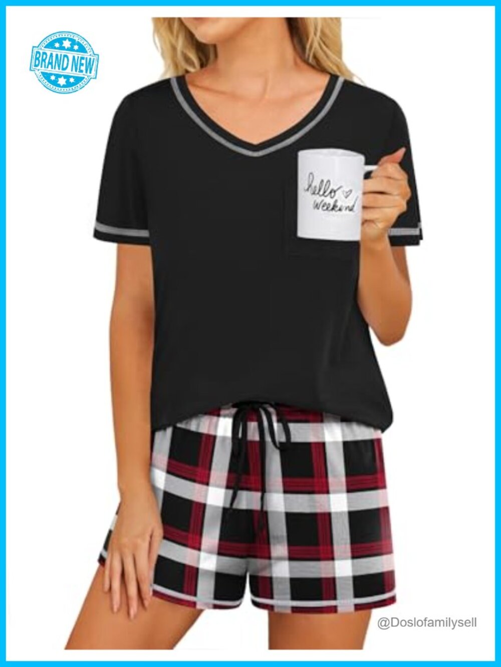 Ekouaer Women's 2-Piece Pajama Set Short Sleeve V-Neck Top and Shorts